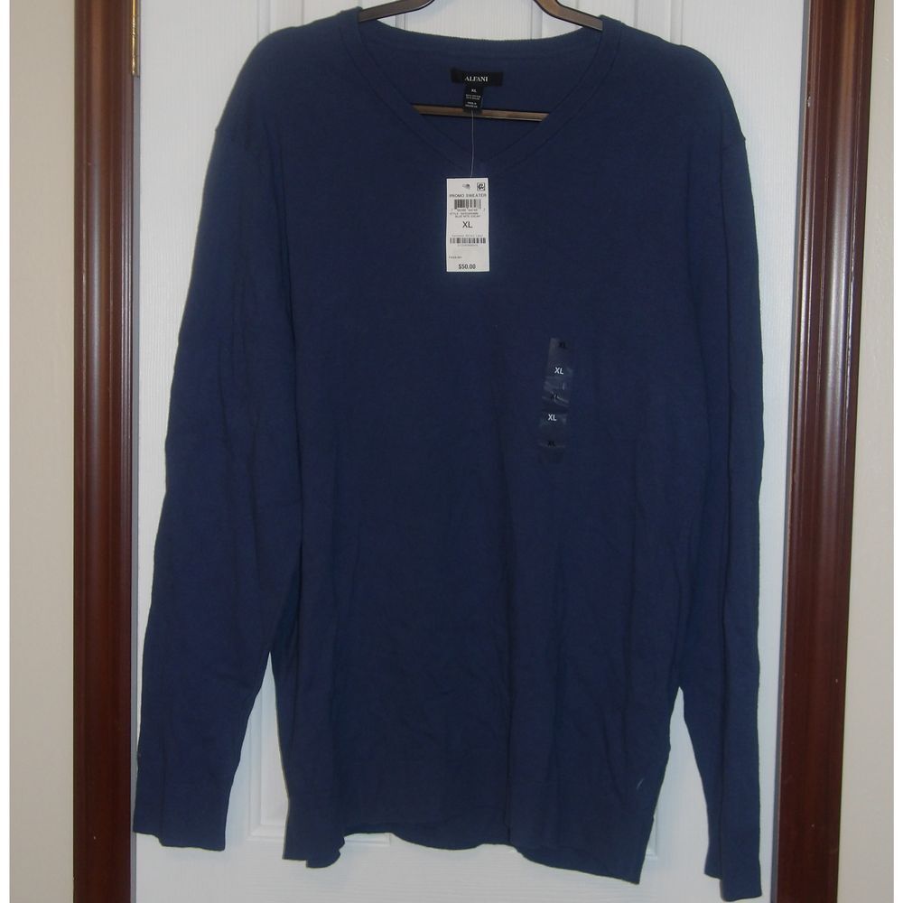 Alfani Men's Navy Blue V-Neck Cotton Sweater Classic‎ Casual Pullover Knit XL